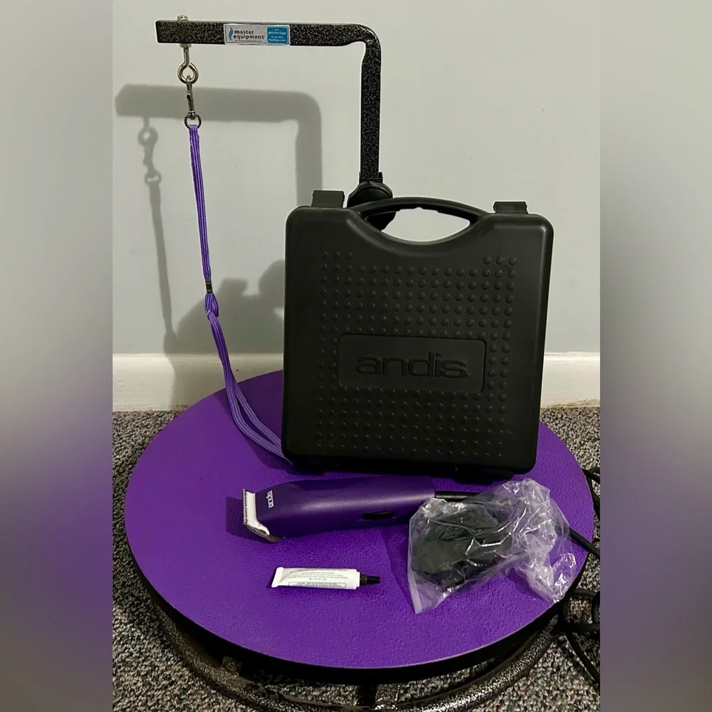 Purple Mini Dog Grooming Rotating Table and Andis Clippers